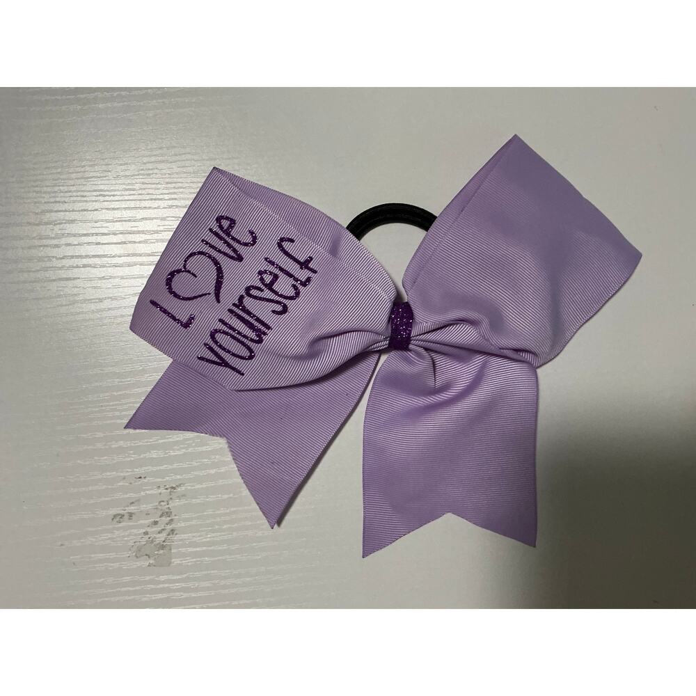 Love Yourself Lilac Lavender Purple Hair Tie Cheer Dance Gymsastics Bow
